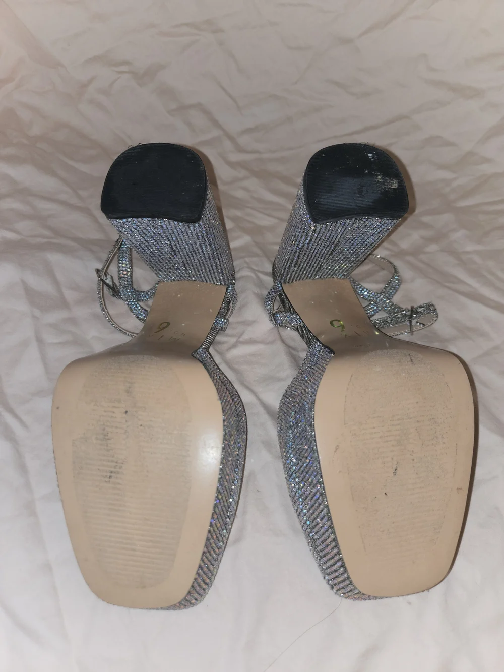 Silver Crystal Platform Block Heel Sandals - Women